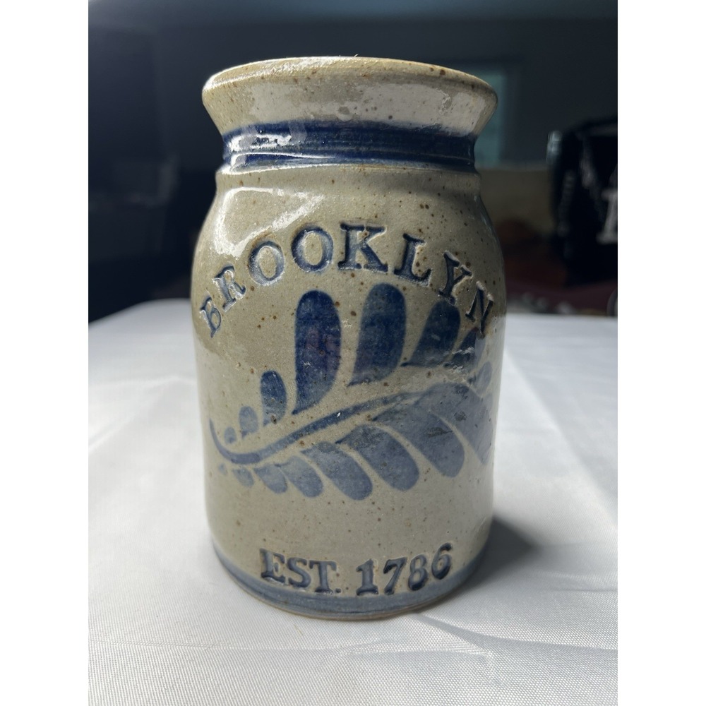 Crown Pottery Brooklyn Est 1786 Stoneware Crock Jar Blue Salt Glaze